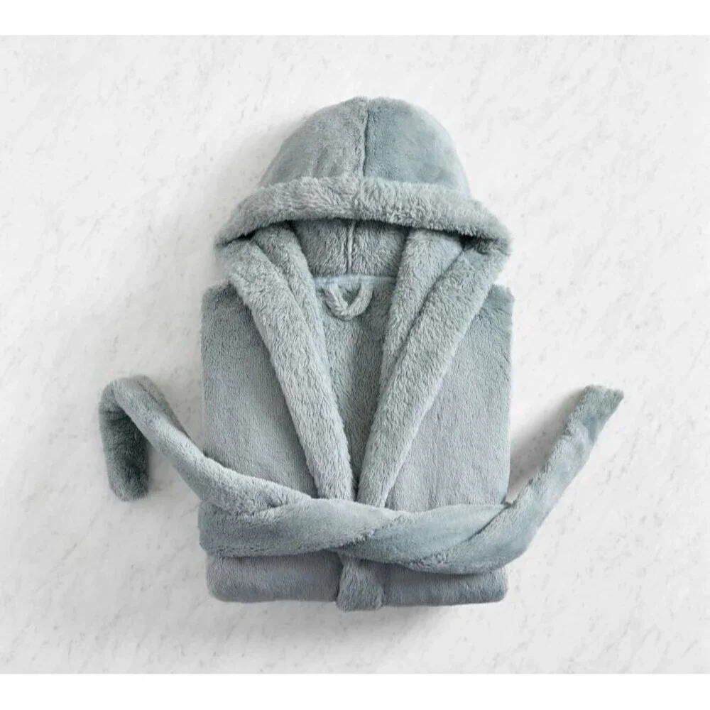 Pottery Barn Fireside Cozy Plush Robe Cloud Blue Hood Pockets Bath Medium